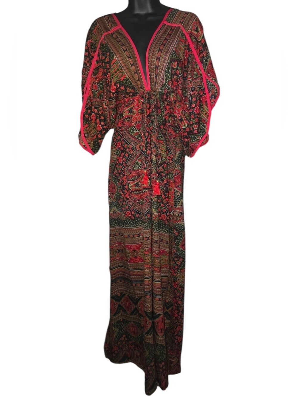 Boho Maxi Dress in Red & Green with Tassel Tie